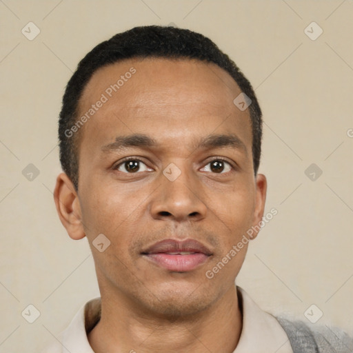 Neutral latino adult male with short  black hair and brown eyes