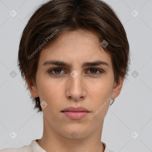 Neutral white young-adult female with short  brown hair and brown eyes