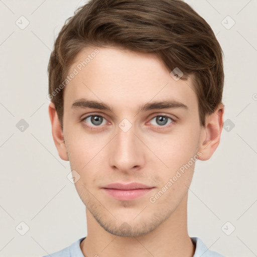 Neutral white young-adult male with short  brown hair and brown eyes