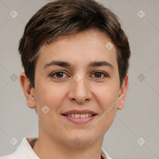 Joyful white young-adult female with short  brown hair and brown eyes