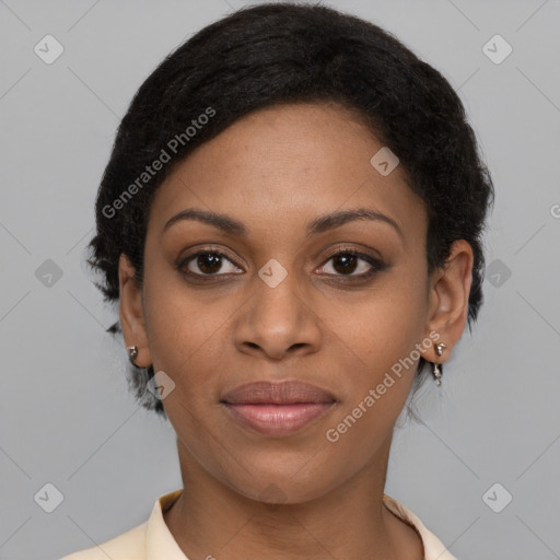 Joyful black young-adult female with medium  black hair and brown eyes