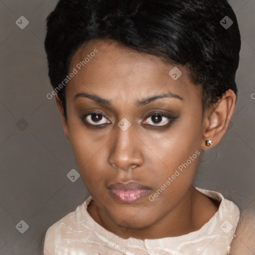 Neutral black young-adult female with short  black hair and brown eyes