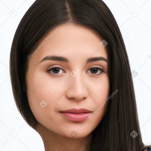 Neutral white young-adult female with long  brown hair and brown eyes