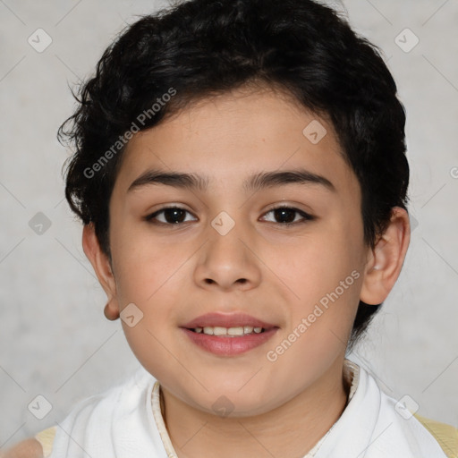 Joyful white child female with short  brown hair and brown eyes