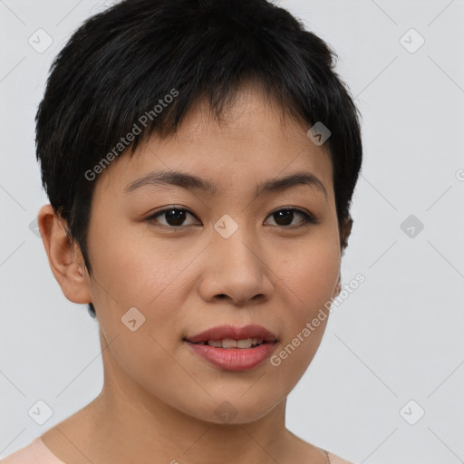 Joyful asian young-adult female with short  brown hair and brown eyes