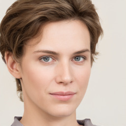 Neutral white young-adult female with short  brown hair and grey eyes