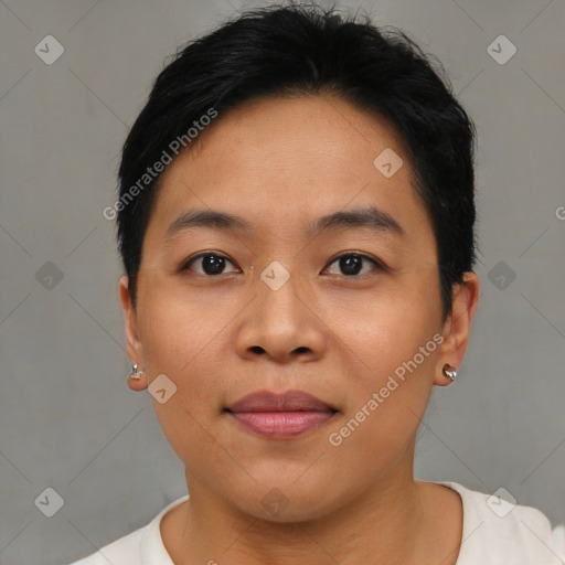 Joyful asian young-adult female with short  brown hair and brown eyes