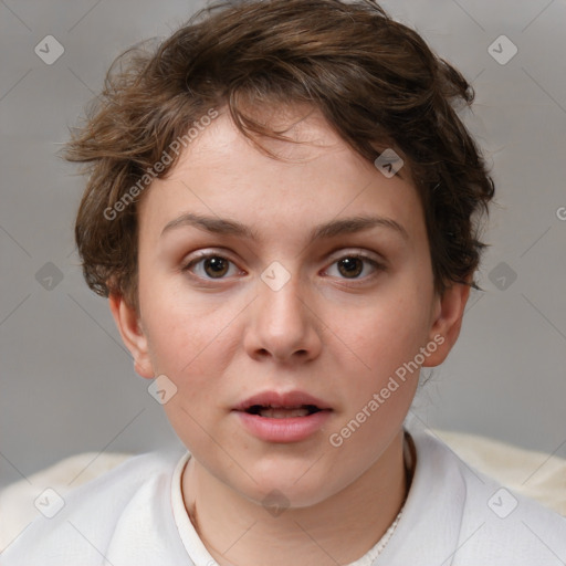 Neutral white young-adult female with medium  brown hair and brown eyes