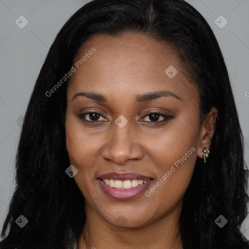 Joyful latino young-adult female with long  brown hair and brown eyes