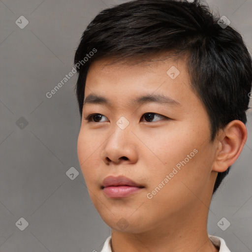 Neutral asian young-adult male with short  black hair and brown eyes