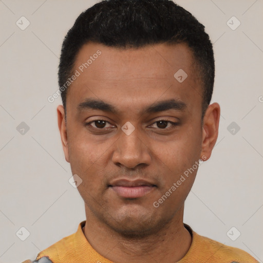 Neutral latino young-adult male with short  black hair and brown eyes