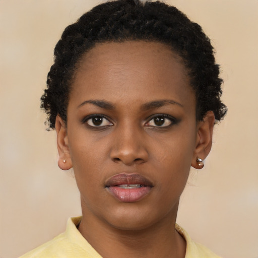 Neutral black young-adult female with short  black hair and brown eyes