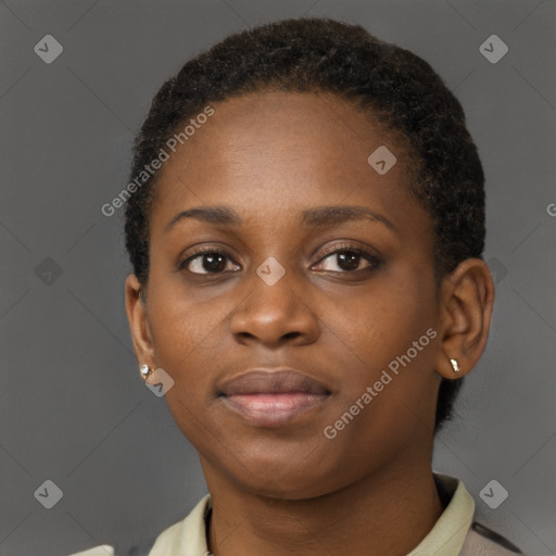 Neutral black young-adult female with short  brown hair and brown eyes