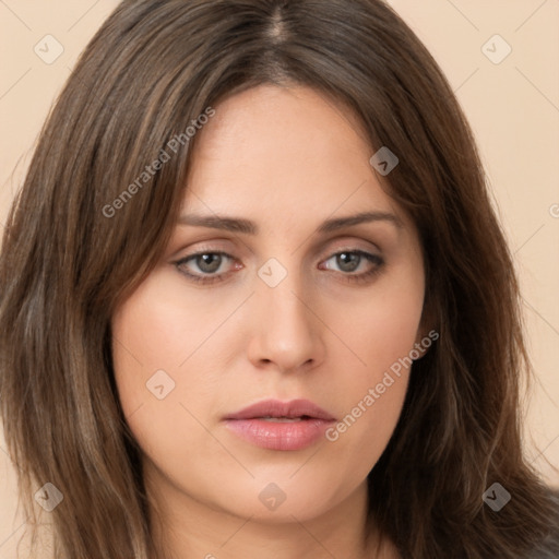 Neutral white young-adult female with long  brown hair and brown eyes