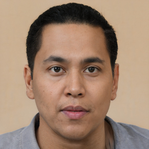 Neutral asian young-adult male with short  black hair and brown eyes