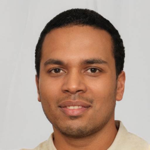 Neutral latino young-adult male with short  black hair and brown eyes