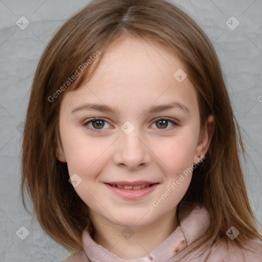 Joyful white child female with medium  brown hair and brown eyes