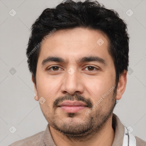 Neutral white young-adult male with short  black hair and brown eyes