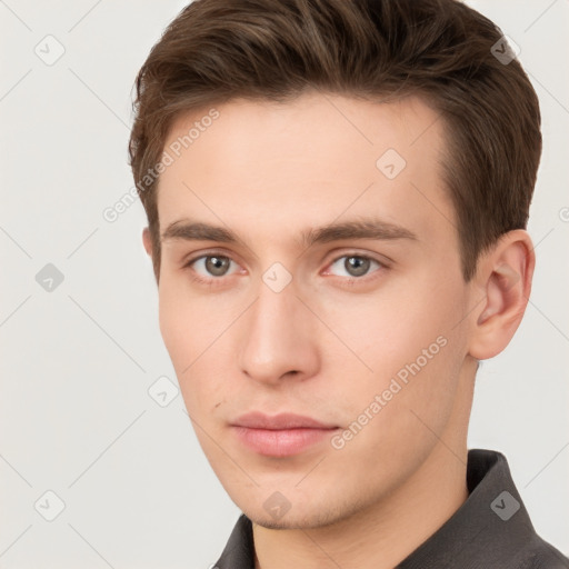 Neutral white young-adult male with short  brown hair and brown eyes