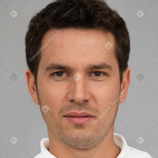 Neutral white adult male with short  brown hair and brown eyes