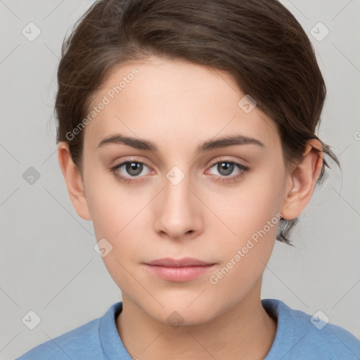 Neutral white young-adult female with short  brown hair and brown eyes