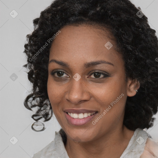 Joyful black young-adult female with medium  black hair and brown eyes