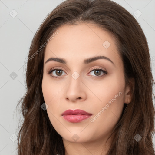 Neutral white young-adult female with long  brown hair and brown eyes