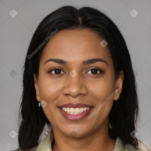 Joyful latino young-adult female with medium  brown hair and brown eyes