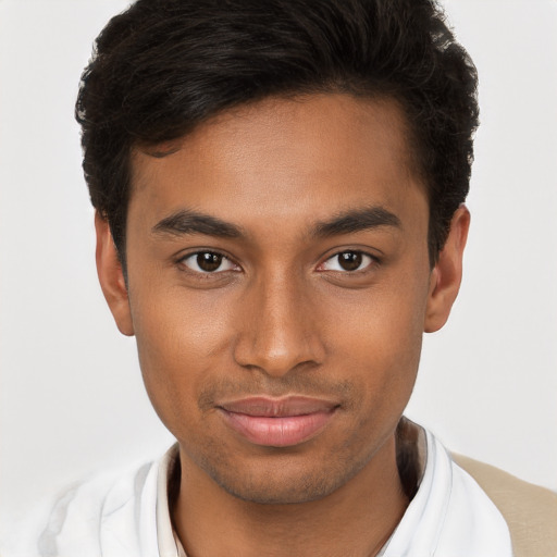 Joyful black young-adult male with short  brown hair and brown eyes