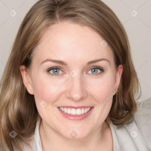 Joyful white young-adult female with medium  brown hair and blue eyes