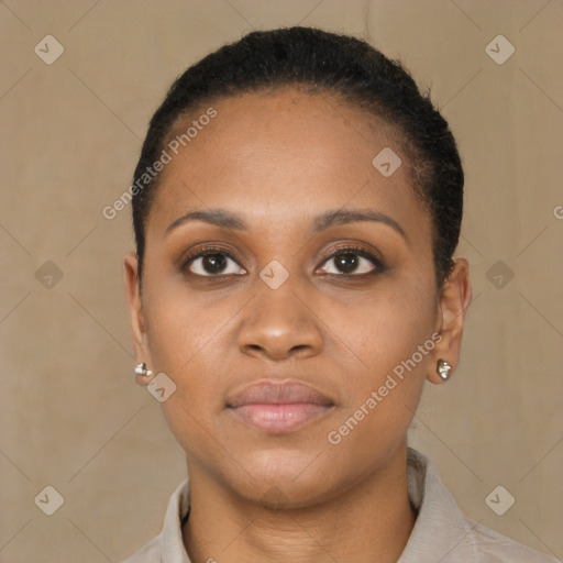 Neutral black young-adult female with short  brown hair and brown eyes