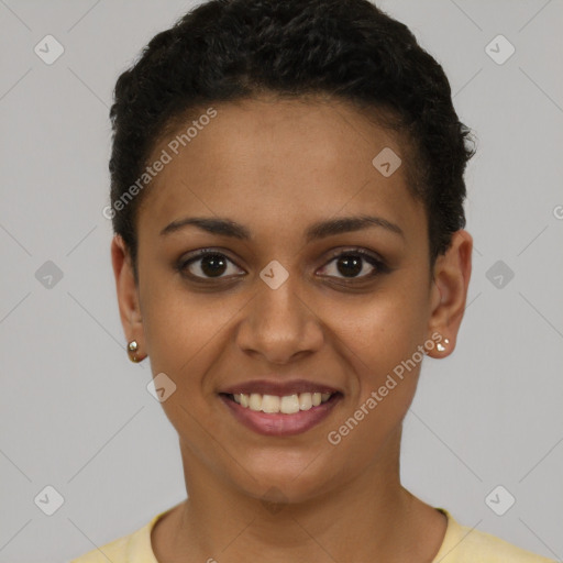 Joyful latino young-adult female with short  black hair and brown eyes