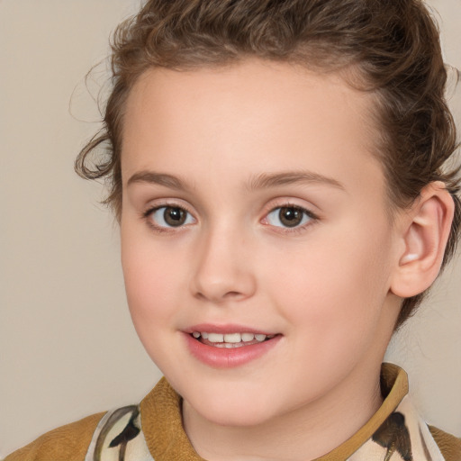 Joyful white child female with medium  brown hair and brown eyes