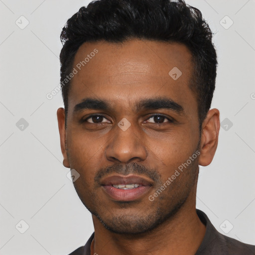 Neutral latino young-adult male with short  black hair and brown eyes