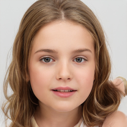 Neutral white child female with long  brown hair and brown eyes