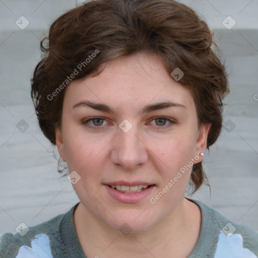 Joyful white young-adult female with medium  brown hair and blue eyes