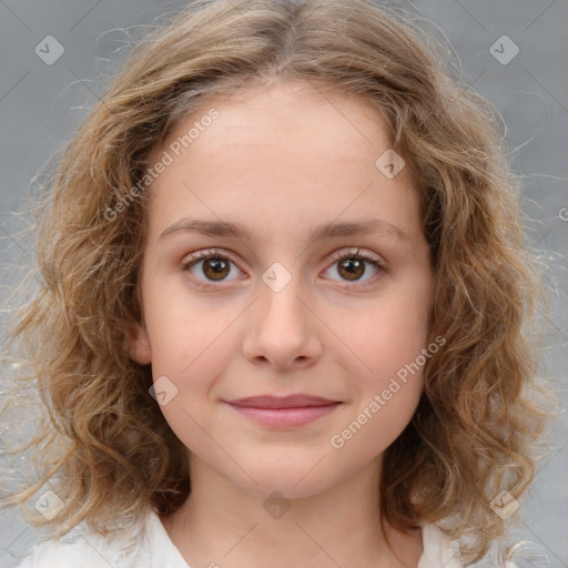 Joyful white child female with medium  brown hair and brown eyes