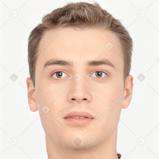 Neutral white young-adult male with short  brown hair and brown eyes