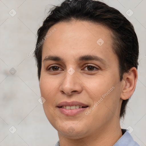 Joyful white young-adult female with short  brown hair and brown eyes