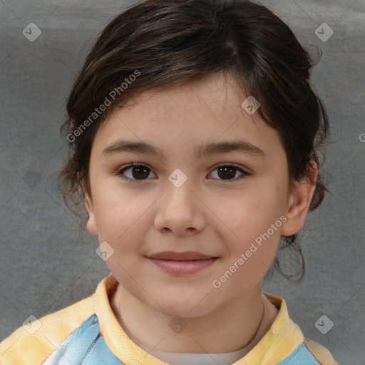 Joyful white child female with medium  brown hair and brown eyes