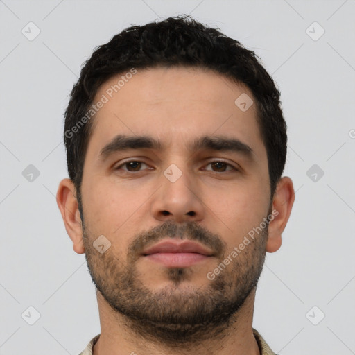 Neutral latino young-adult male with short  black hair and brown eyes