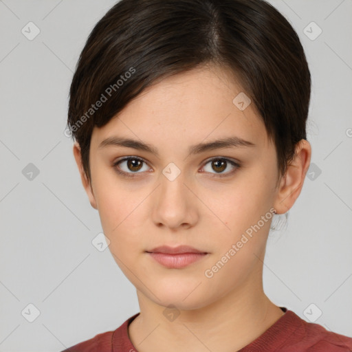 Neutral white young-adult female with short  brown hair and brown eyes