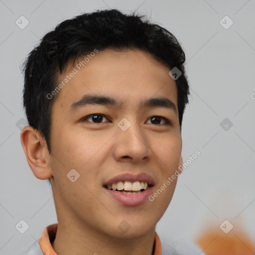 Joyful latino young-adult male with short  brown hair and brown eyes