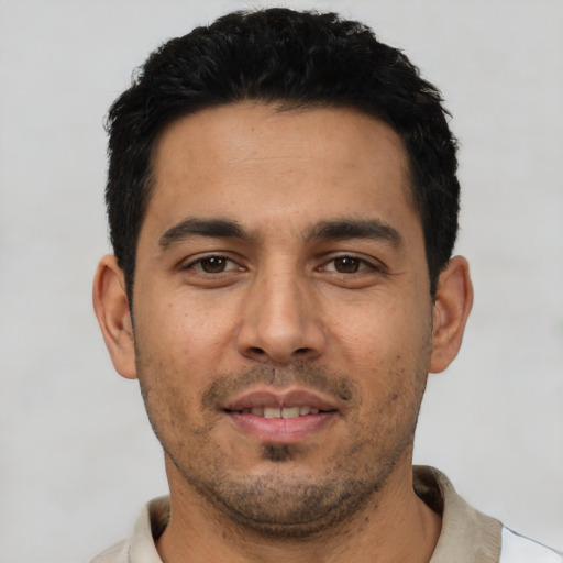 Neutral asian young-adult male with short  black hair and brown eyes