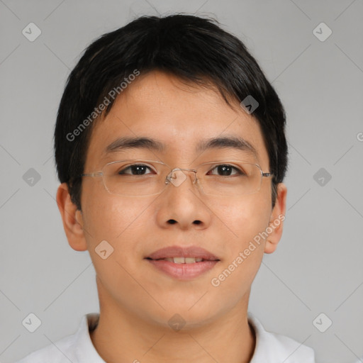 Neutral asian young-adult male with short  brown hair and brown eyes