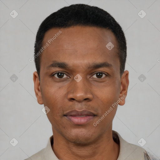 Neutral black young-adult male with short  black hair and brown eyes