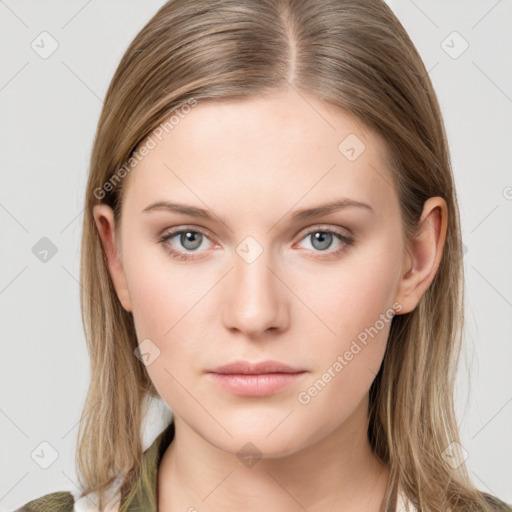 Neutral white young-adult female with medium  brown hair and grey eyes