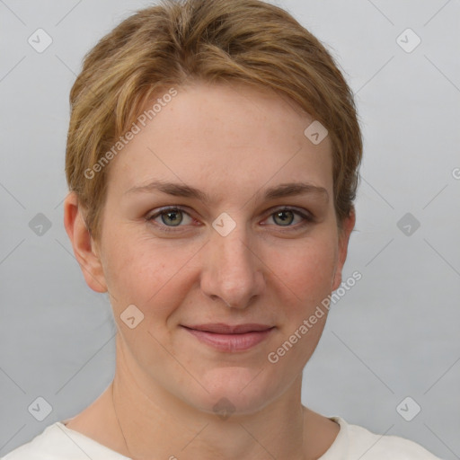 Joyful white young-adult female with short  brown hair and grey eyes