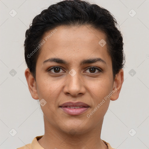 Joyful latino young-adult female with short  brown hair and brown eyes