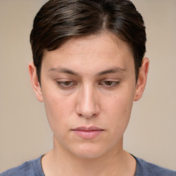 Neutral white young-adult female with short  brown hair and brown eyes